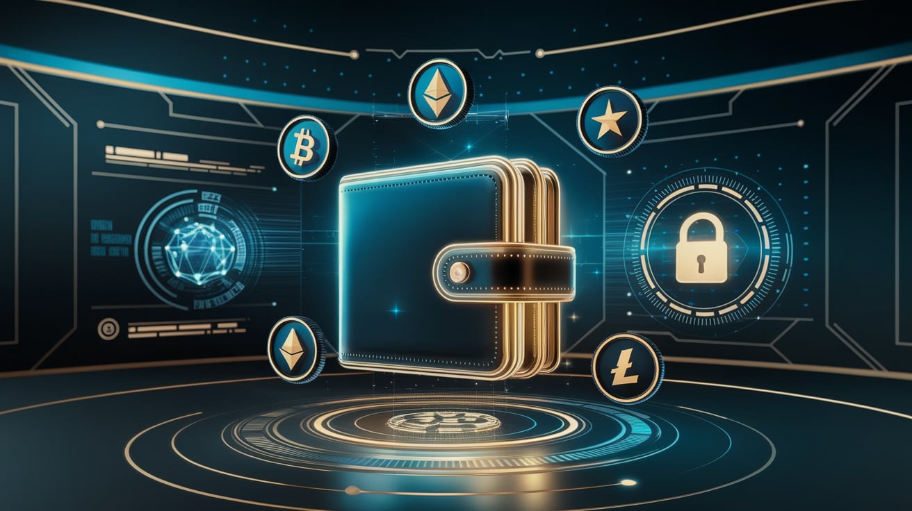 Futuristic crypto wallet showing Bitcoin, Ethereum, and secure blockchain symbols—MarketxMaven