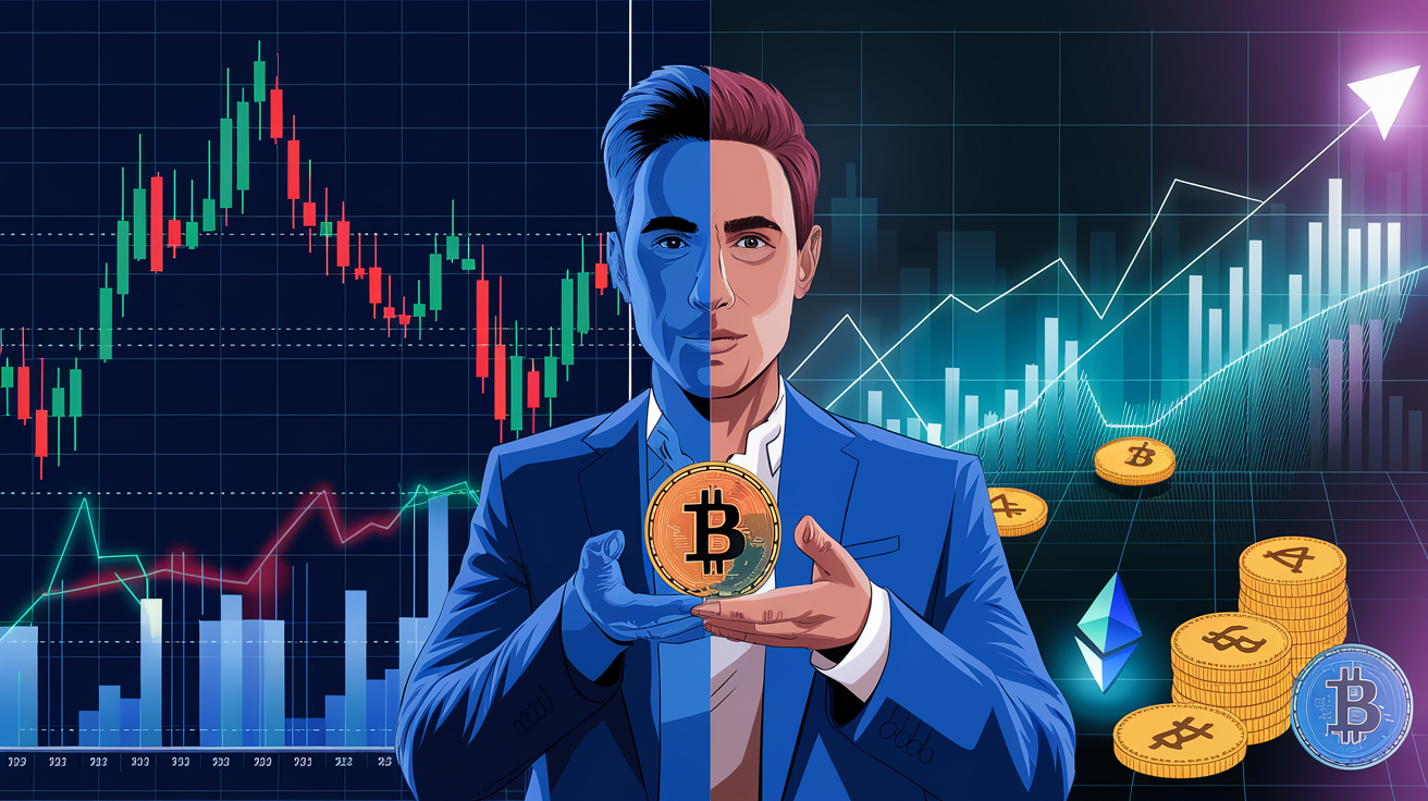 Visual comparison of crypto trading vs investing showing trader analyzing charts and investor holding crypto coins with rising graph